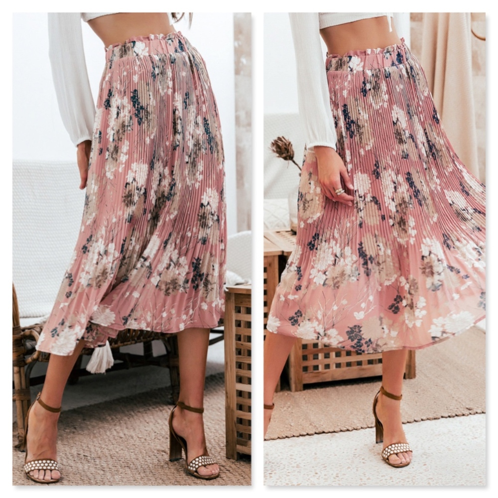 Pleated Floral Print High Waist Midi Pink Skirt - Picture 3 of 8